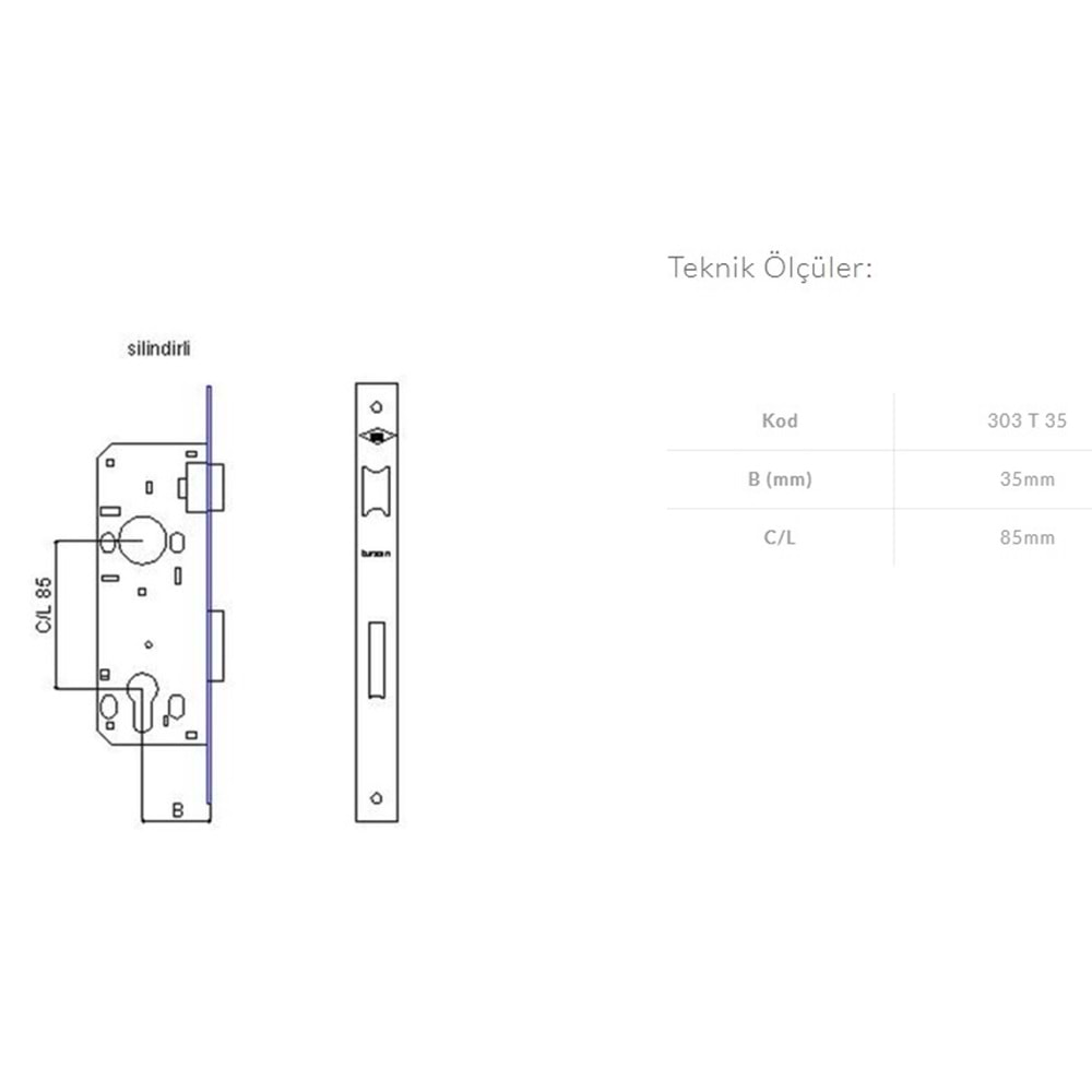 TURSAN 303 SİLİNDİRLİ DAİRE KİLİDİ - GÖMME KİLİT - 35 mm - DAİRE GİRİŞ KAPI KİLİDİ