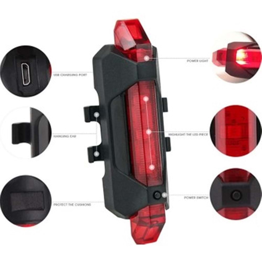 ŞARJLI BİSİKLET IŞIĞI LED ÇOK FONKSİYONLU USB GİRİŞLİ - KIRMIZI