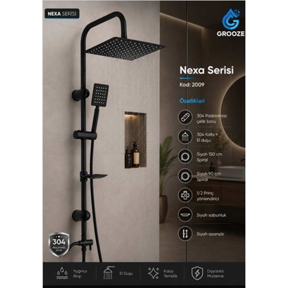 GROOZE ROBOT DUŞ SETİ - FLAT DUŞ SETİ - NEXA - 304 MAT SİYAH METAL TEPE VE EL DUŞU