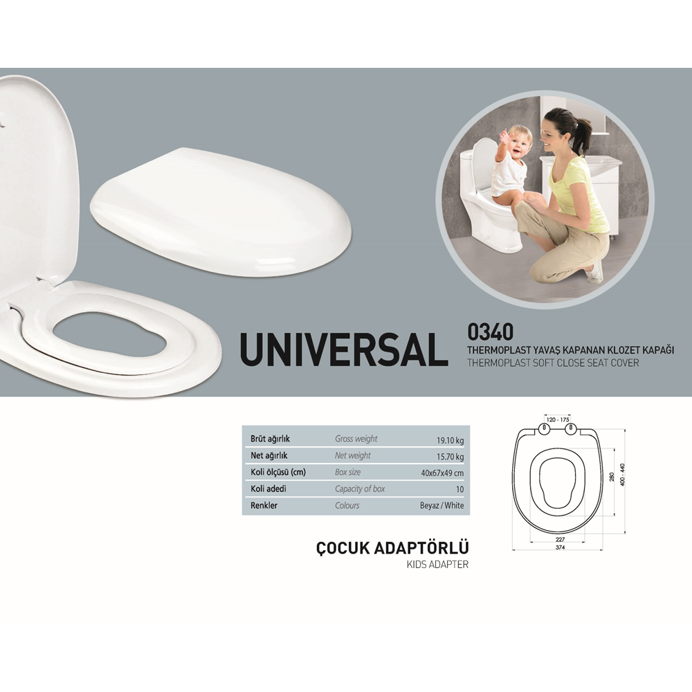 NKP ÜNİVERSAL YAVAŞ KAPANAN KLOZET KAPAĞI - ÇOCUK ADAPTÖRLÜ ( THERMOPLAST )