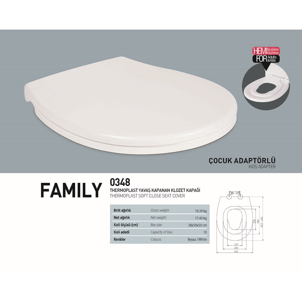 NKP FAMİLY YAVAŞ KAPANAN KLOZET KAPAĞI - ÇOCUK ADAPTÖRLÜ ( THERMOPLAST )