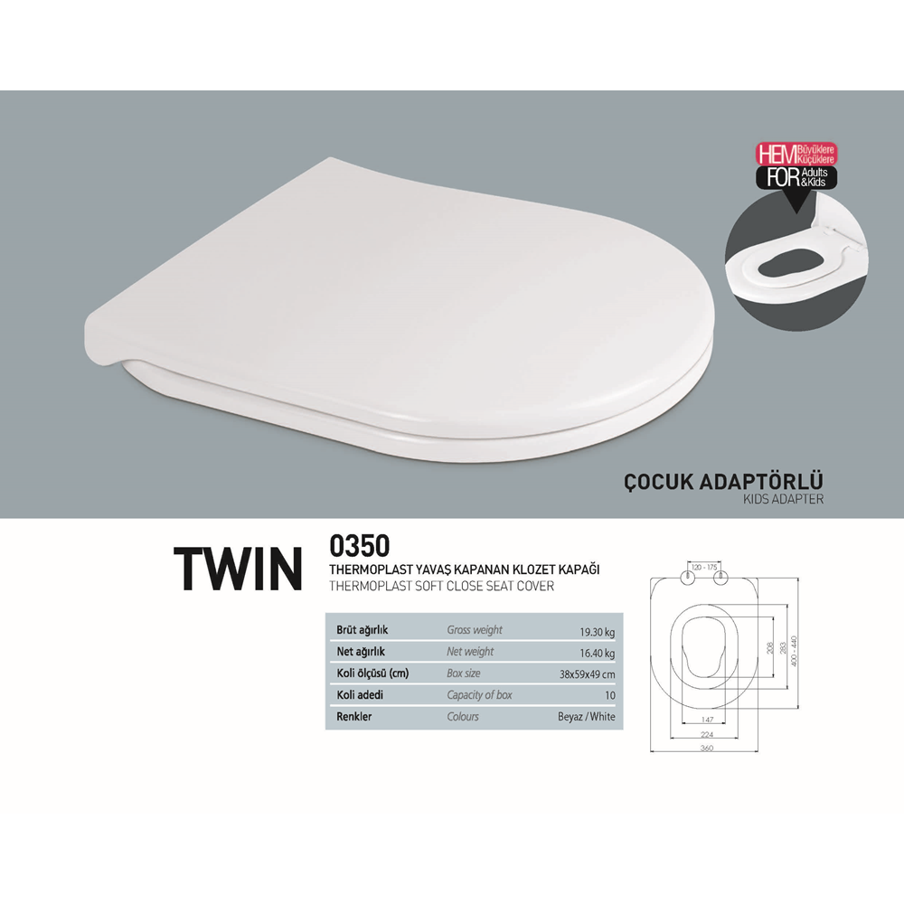 NKP TWİN YAVAŞ KAPANAN KLOZET KAPAĞI - ÇOCUK ADAPTÖRLÜ ( THERMOPLAST )