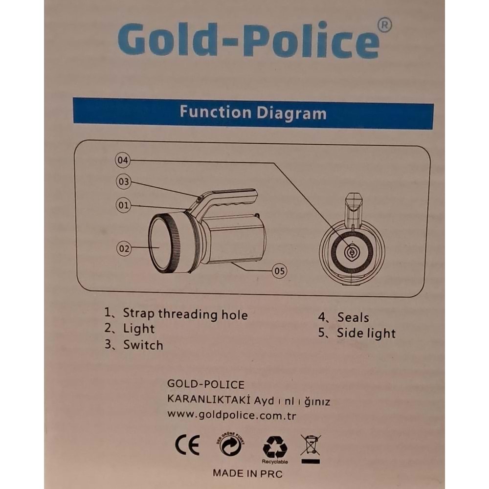 GOLD-POLİCE LED EL FENERİ ŞARJLI 10 W GP-2603 ( 21 cm )-( ÇAP 10.5 cm )