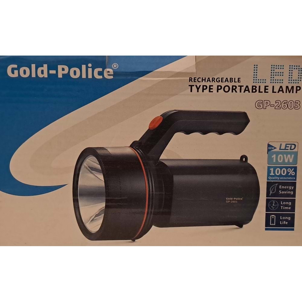 GOLD-POLİCE LED EL FENERİ ŞARJLI 10 W GP-2603 ( 21 cm )-( ÇAP 10.5 cm )