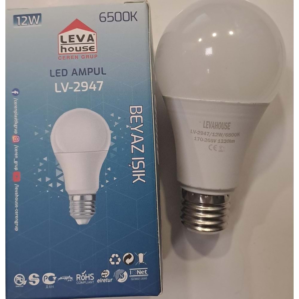 LEVA E27 DUY LED AMPUL 12 W 1320 LM BEYAZ IŞIK 6500K LV-2947
