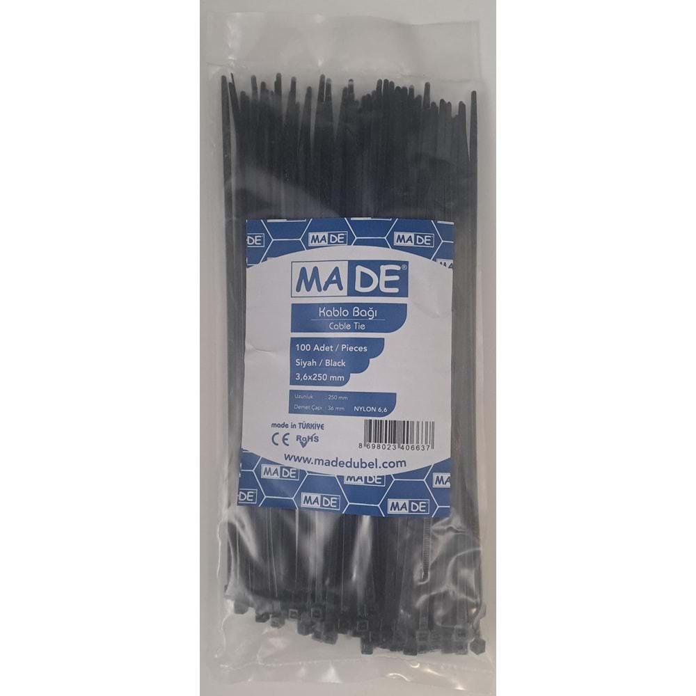 MADE KABLO BAĞI 3,6X250 mm SİYAH 100 LÜ