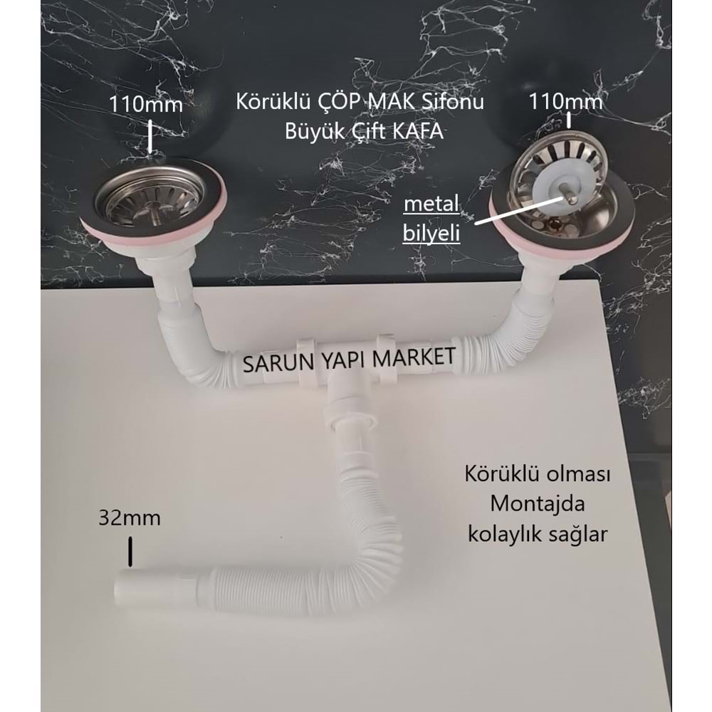 KÖRÜKLÜ SİFON LÜX ÇİFTLİ ÇÖP MAK ( METAL BİLYALI ) - SÜZGÜ Ø 110 mm - Ø 32 LİK ÇIKIŞLI