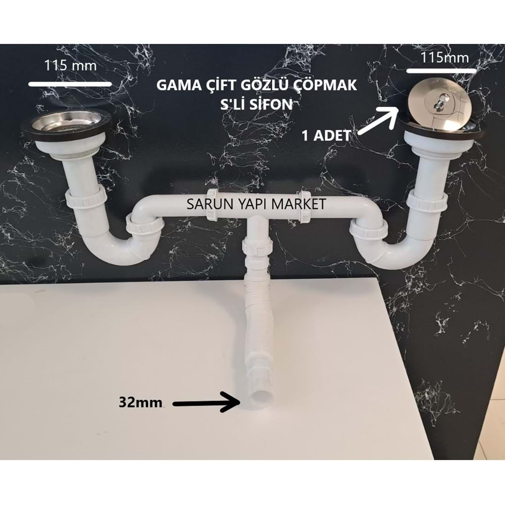 GAMA LÜX ÇİFTLİ ÇÖP MAK S Lİ SİFON - SÜZGÜ Ø 110 mm - Ø 32 LİK ÇIKIŞLI