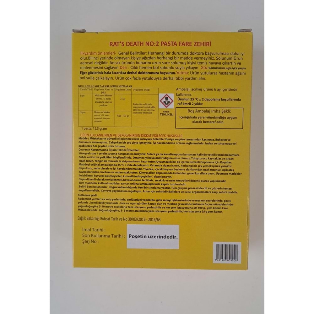 ZAG KİMYA RATS DEATH FARE ZEHİRİ KATI ( PASTA ) 8 x 12,5 gr : 100 gr