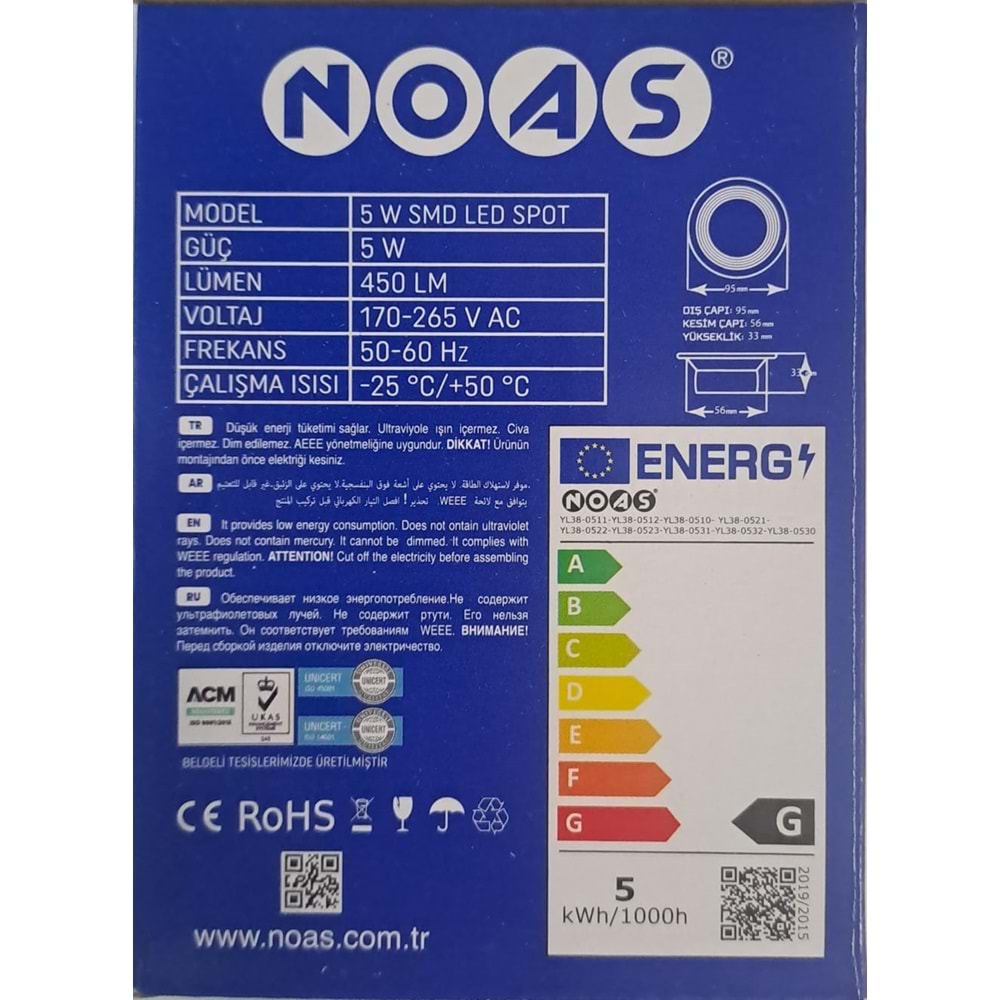 NOAS 5 WATT SMD LED SPOT KROM ÇİZGİ BEYAZ KASA BEYAZ IŞIK 450lm 6500K