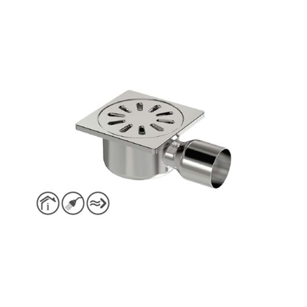 PREMIUM KROM YER SÜZGECİ 10 x 10 cm - Ø 50 YANDAN ÇIKIŞLI YER SİFONU