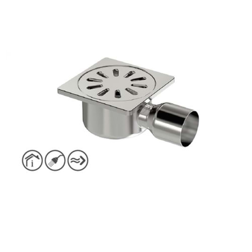 PREMIUM KROM YER SÜZGECİ 15 x 15 cm - Ø 50 YANDAN ÇIKIŞLI YER SİFONU