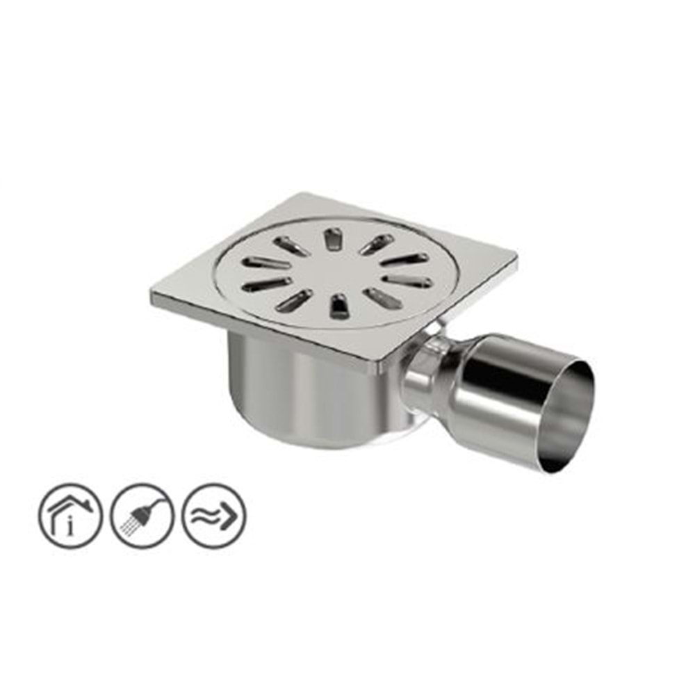 PREMIUM KROM YER SÜZGECİ 15 x 15 cm - Ø 70 YANDAN ÇIKIŞLI YER SİFONU
