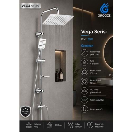 GROOZE ROBOT DUŞ SETİ - FLAT DUŞ SETİ - VEGA - 304 KROM METAL TEPE VE EL DUŞU