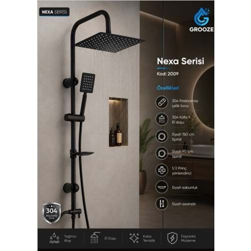 GROOZE ROBOT DUŞ SETİ - FLAT DUŞ SETİ - NEXA - 304 MAT SİYAH METAL TEPE VE EL DUŞU