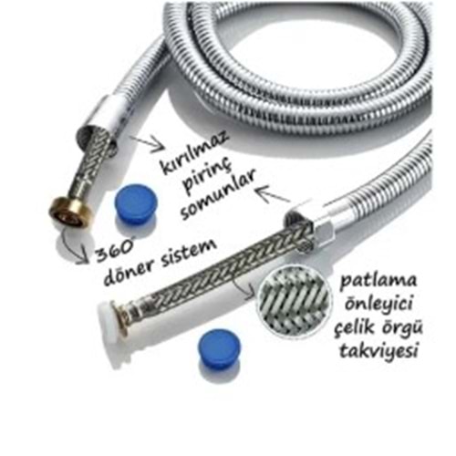 SPİRAL DUŞ HORTUMU 360 DERECE LÜX ÇELİK ÖRGÜLÜ METAL SOMUNLU 150 - 170cm