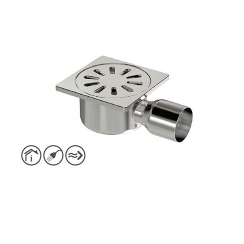 PREMIUM KROM YER SÜZGECİ 15 x 15 cm - Ø 50 YANDAN ÇIKIŞLI YER SİFONU