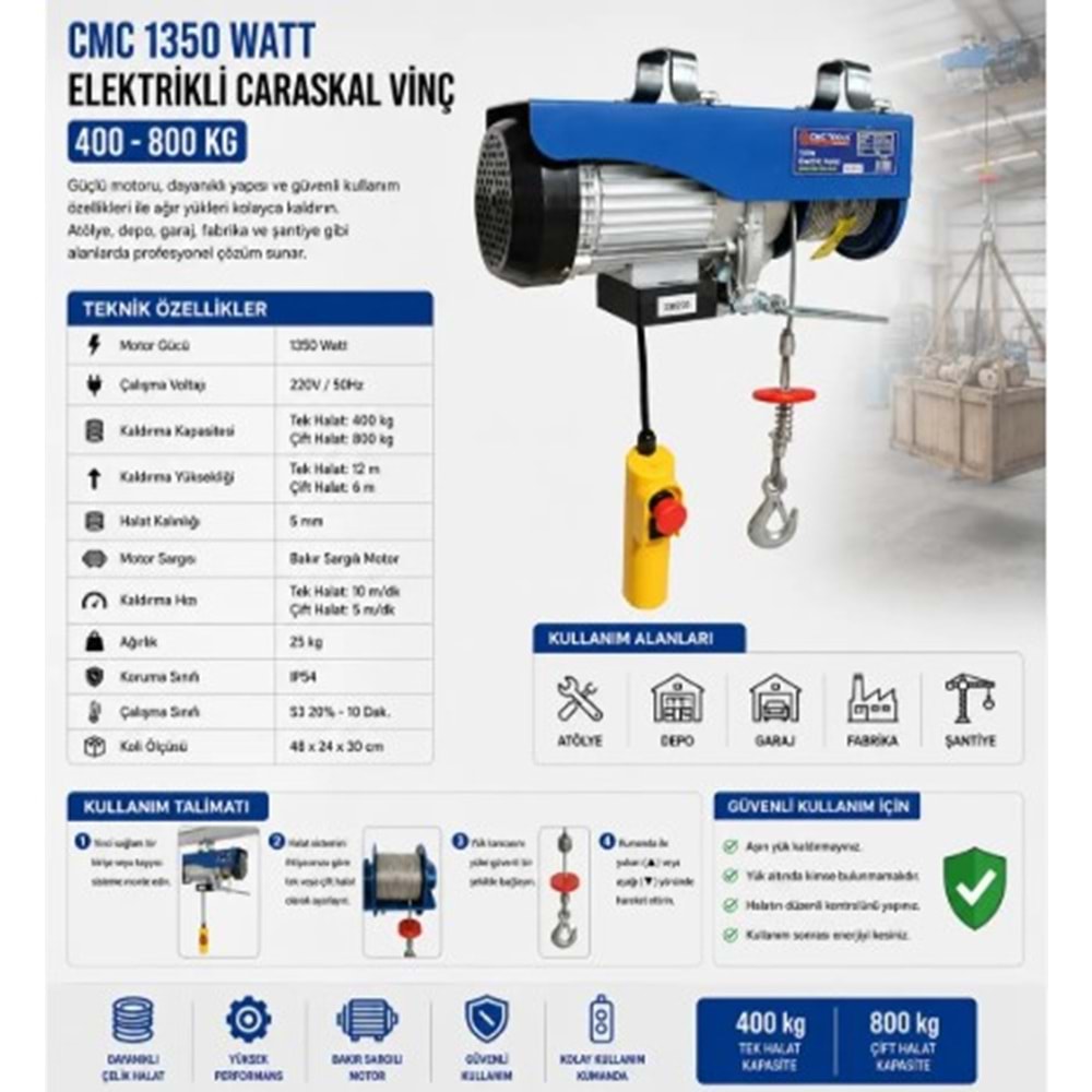 CMC MİNİ ELEKTRİKLİ VİNÇ - CARASKAL - 400-800 KG