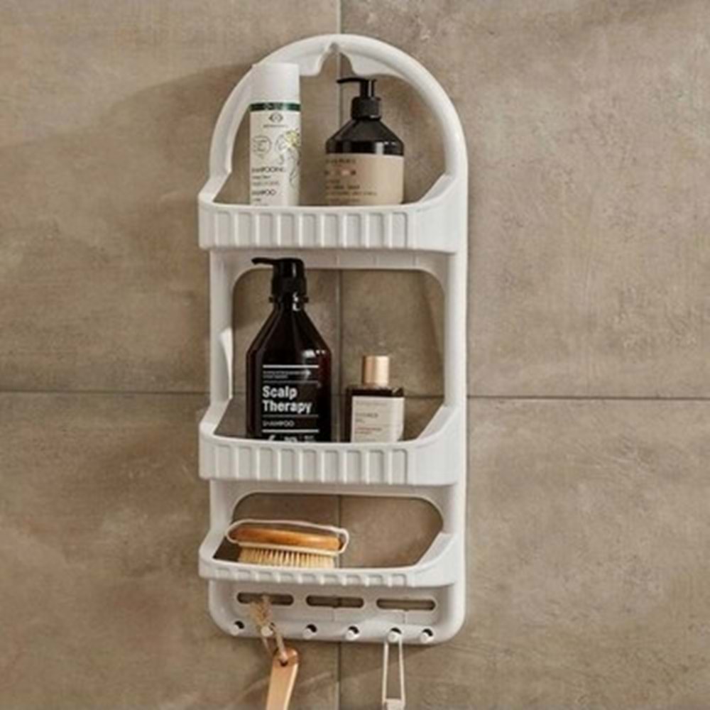 DÜNYA ŞAMPUANLIK 3 LÜ PLASTİK BANYO KÖŞE RAFI ( ASKILI VE VANTUZLU )( 26,5 x 62 x 13 cm )