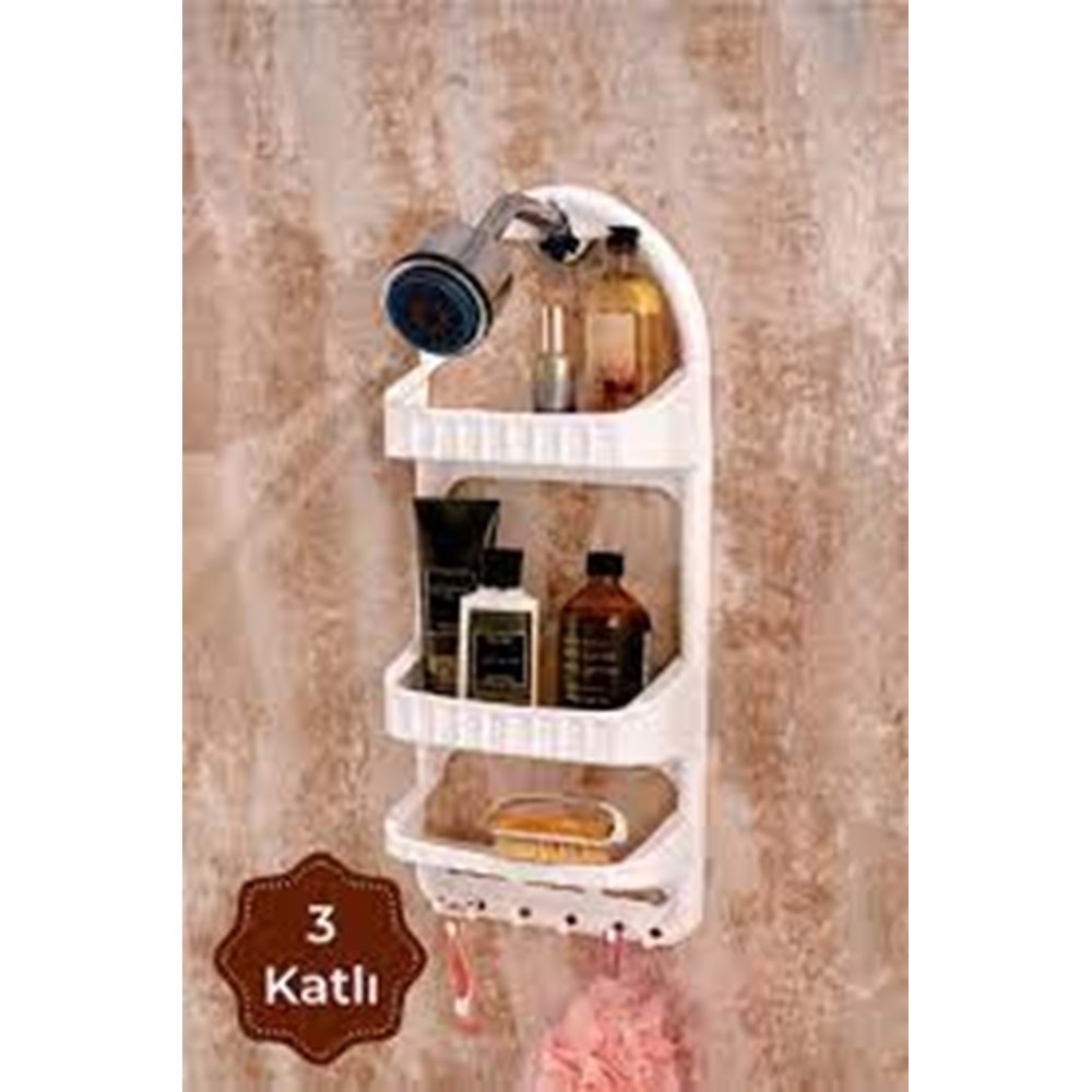 DÜNYA ŞAMPUANLIK 3 LÜ PLASTİK BANYO KÖŞE RAFI ( ASKILI VE VANTUZLU )( 26,5 x 62 x 13 cm )