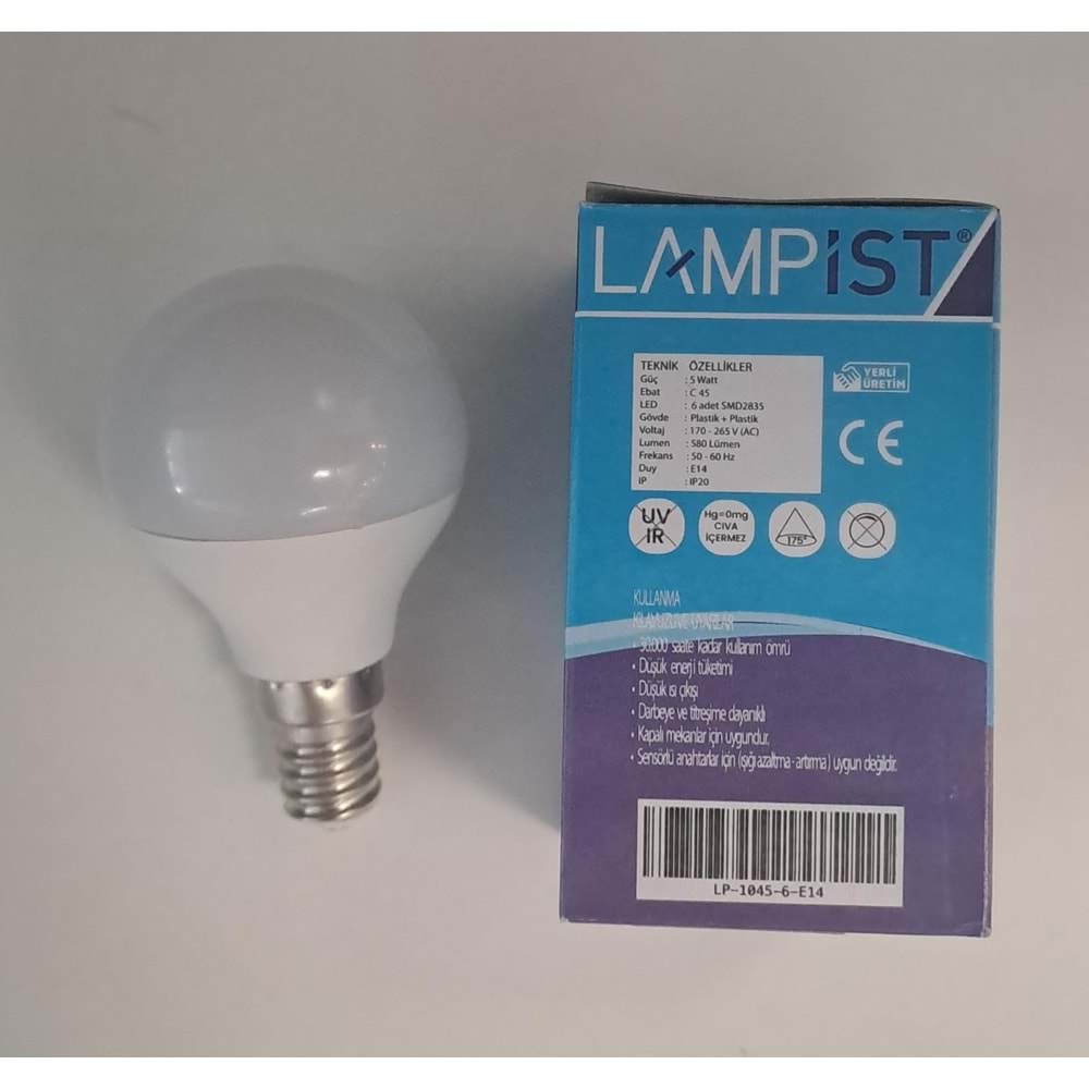 LAMPİST E14 DUY TOP LED AMPUL 5W 580 LM BEYAZ IŞIK 6500K G45