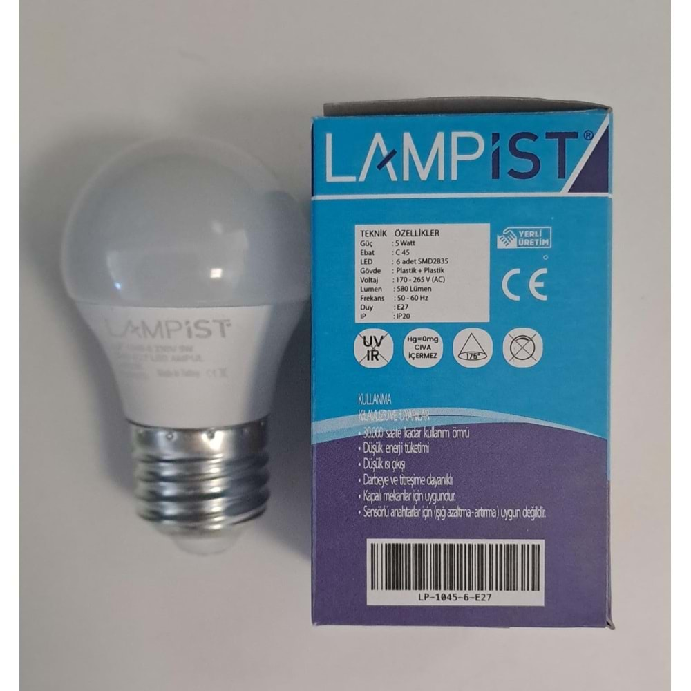 LAMPİST E27 DUY TOP LED AMPUL 5W 580 LM BEYAZ IŞIK 6500K G45