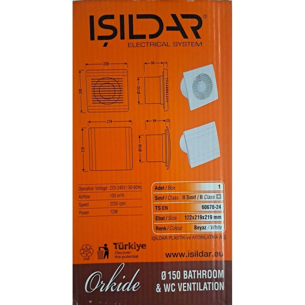 IŞILDAR (ORKİDE DEKOR ) HAVALANDIRMA FANI / BANYO VE TUVALET ASPİRATÖRÜ 150 LİK