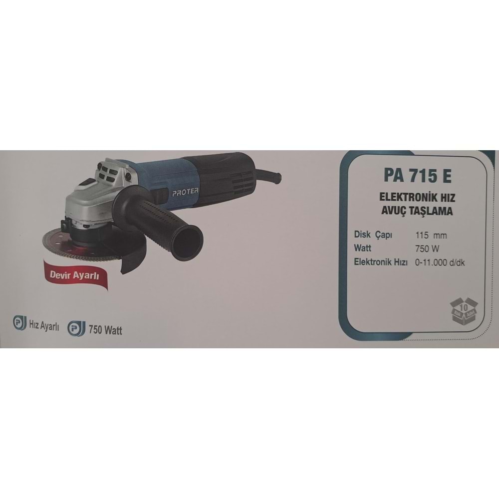 PROTER PA715E AVUÇ TAŞLAMA - ELEKTRONİK HIZ AYARLI - 115mm - 750W