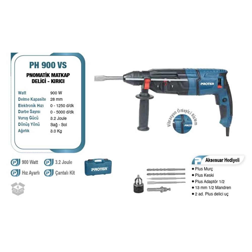 PROTER PH900VS KIRICI-DELİCİ PNOMATİK MATKAP - VİBRASYON ÖNLEYİCİ SİSTEM - 28mm - 900W - 3.2Joule