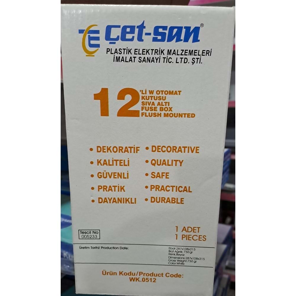 12 Lİ W. OTOMAT SİGORTA KUTUSU - SIVA ALTI SİGORTA KUTUSU ( 28 x 21,5 cm )