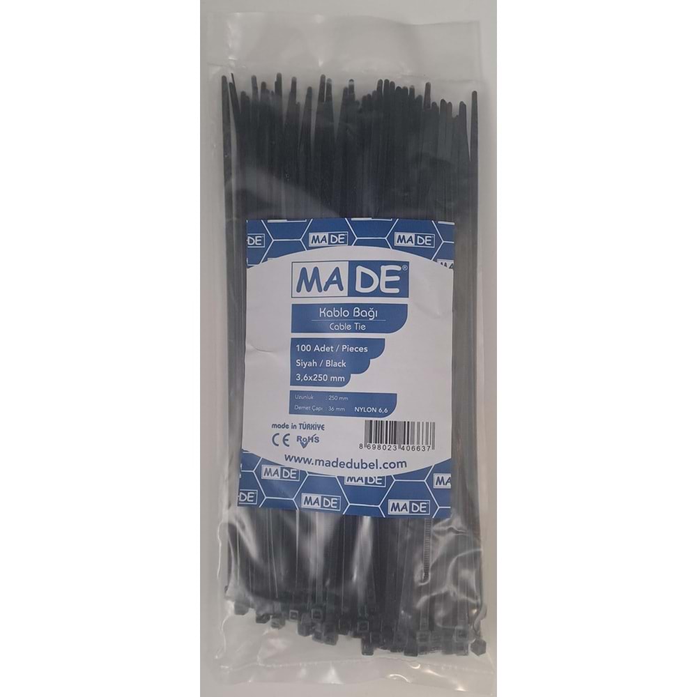 MADE KABLO BAĞI 3,6X250 mm SİYAH 100 LÜ