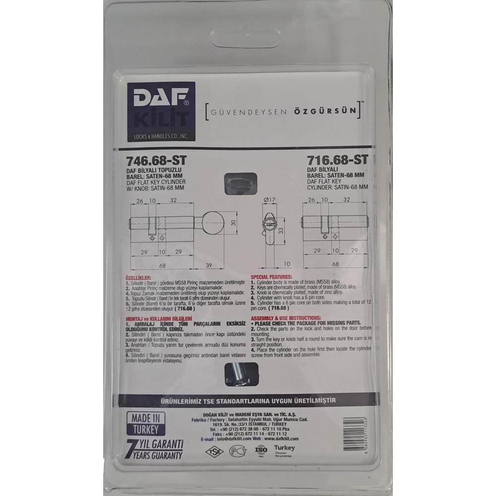 DAF 68 mm BİLYALI ÇELİK KAPI SİLİNDİR SETİ (SATEN) - İKİZ BAREL