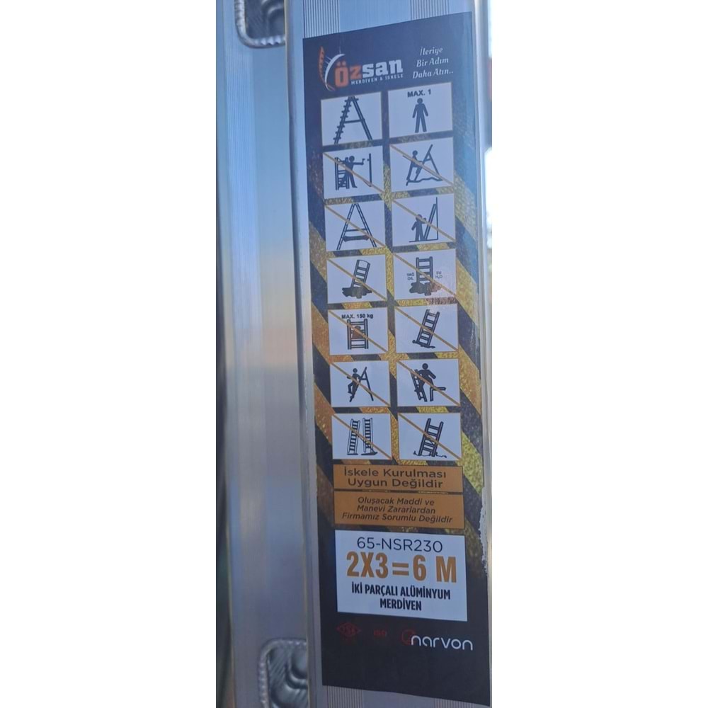 ÖZSAN İKİ PARÇALI ALÜMİNYUM PTT MERDİVENİ (2 x 3 : 6 METRE ) 65mm
