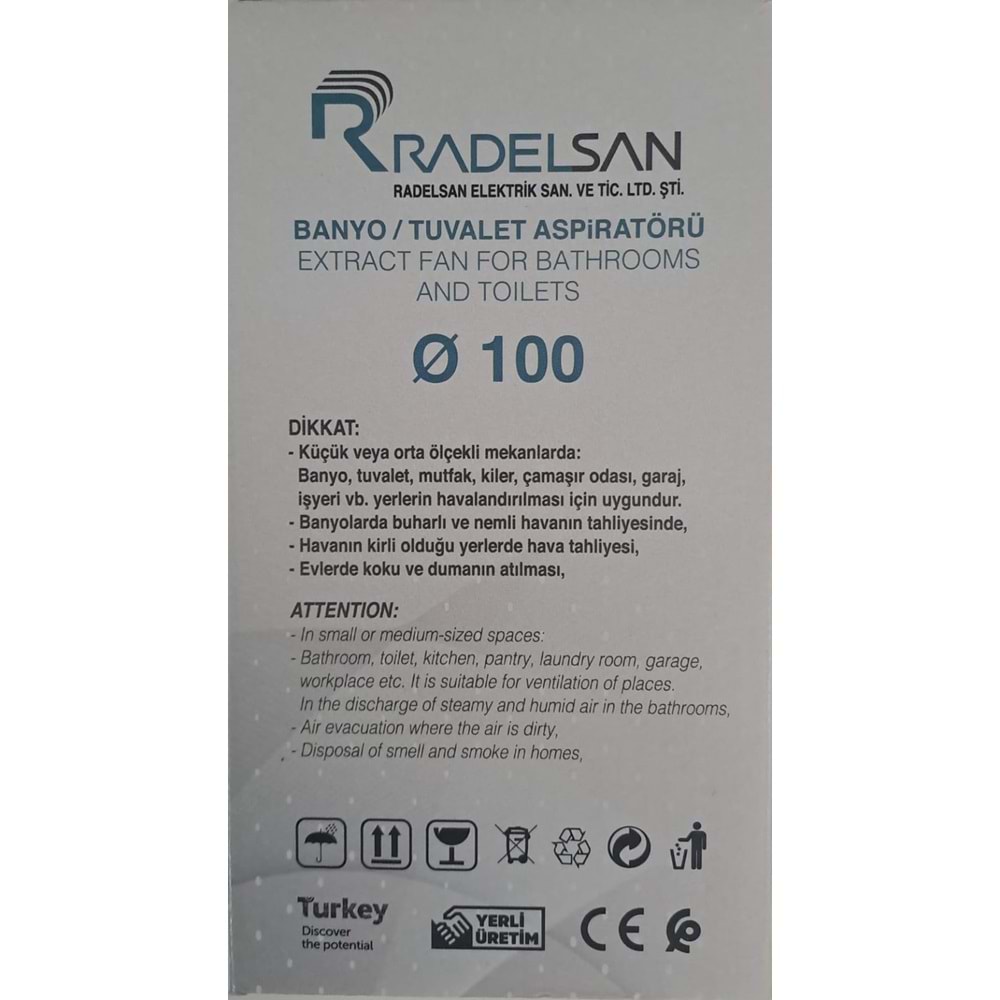 RADELSAN HAVALANDIRMA FANI / BANYO VE TUVALET ASPİRATÖRÜ 100 LÜK