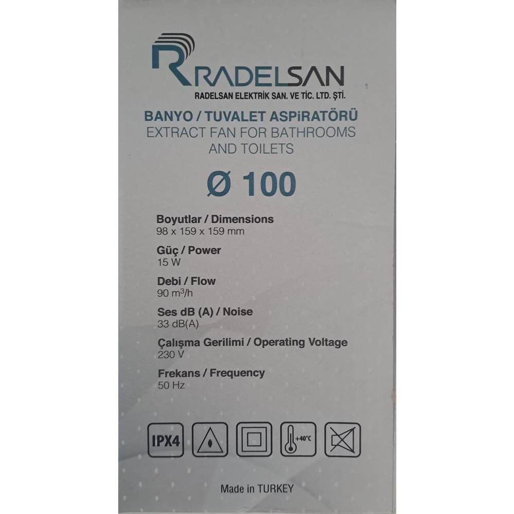 RADELSAN HAVALANDIRMA FANI / BANYO VE TUVALET ASPİRATÖRÜ 100 LÜK