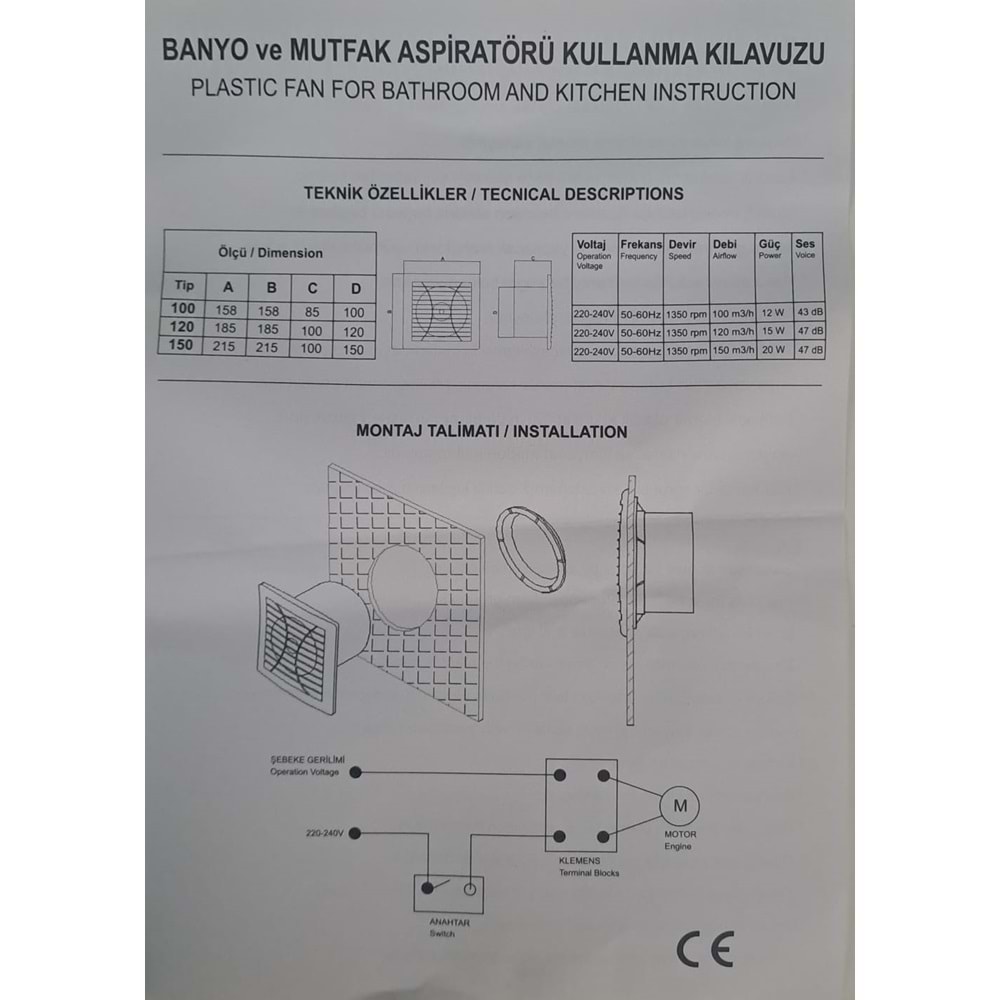 RADELSAN HAVALANDIRMA FANI / BANYO VE TUVALET ASPİRATÖRÜ 100 LÜK