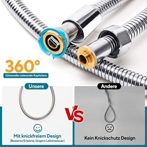 SPİRAL DUŞ HORTUMU 360 DERECE LÜX ÇELİK ÖRGÜLÜ METAL SOMUNLU 150 - 170cm