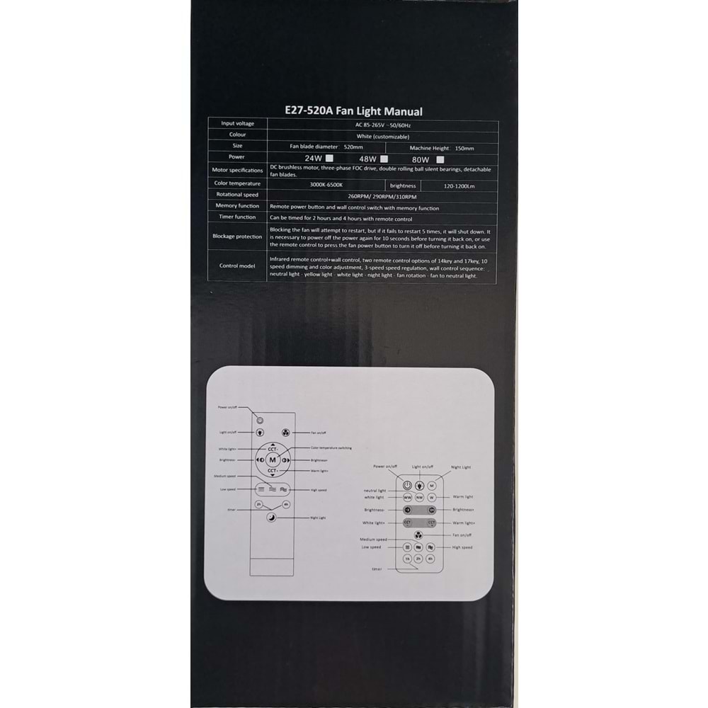 DETACHABLE FAN LİGHT KUMANDALI 6 KANAT PERVANE LED AMPUL 3 RENK IŞIK MODU 24W E27 DUY