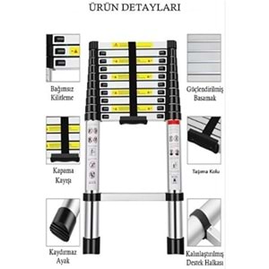 TELESKOPİK MERDİVEN 15 BASAMAKLI (625cm - 6,25 mt ) ( 49 x 9,5 x 104 cm kapalı konum)