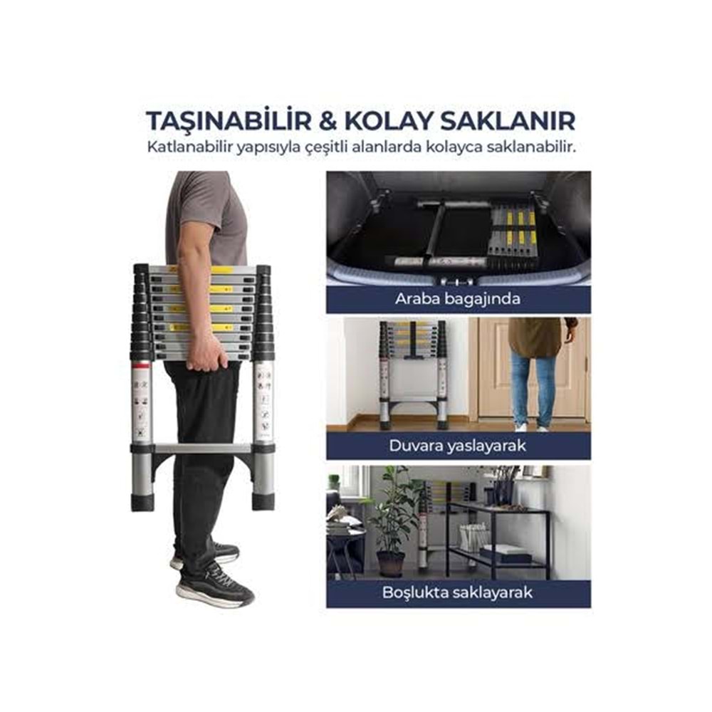TELESKOPİK MERDİVEN 15 BASAMAKLI (625cm - 6,25 mt ) ( 49 x 9,5 x 104 cm kapalı konum)