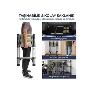 TELESKOPİK MERDİVEN 15 BASAMAKLI (625cm - 6,25 mt ) ( 49 x 9,5 x 104 cm kapalı konum)