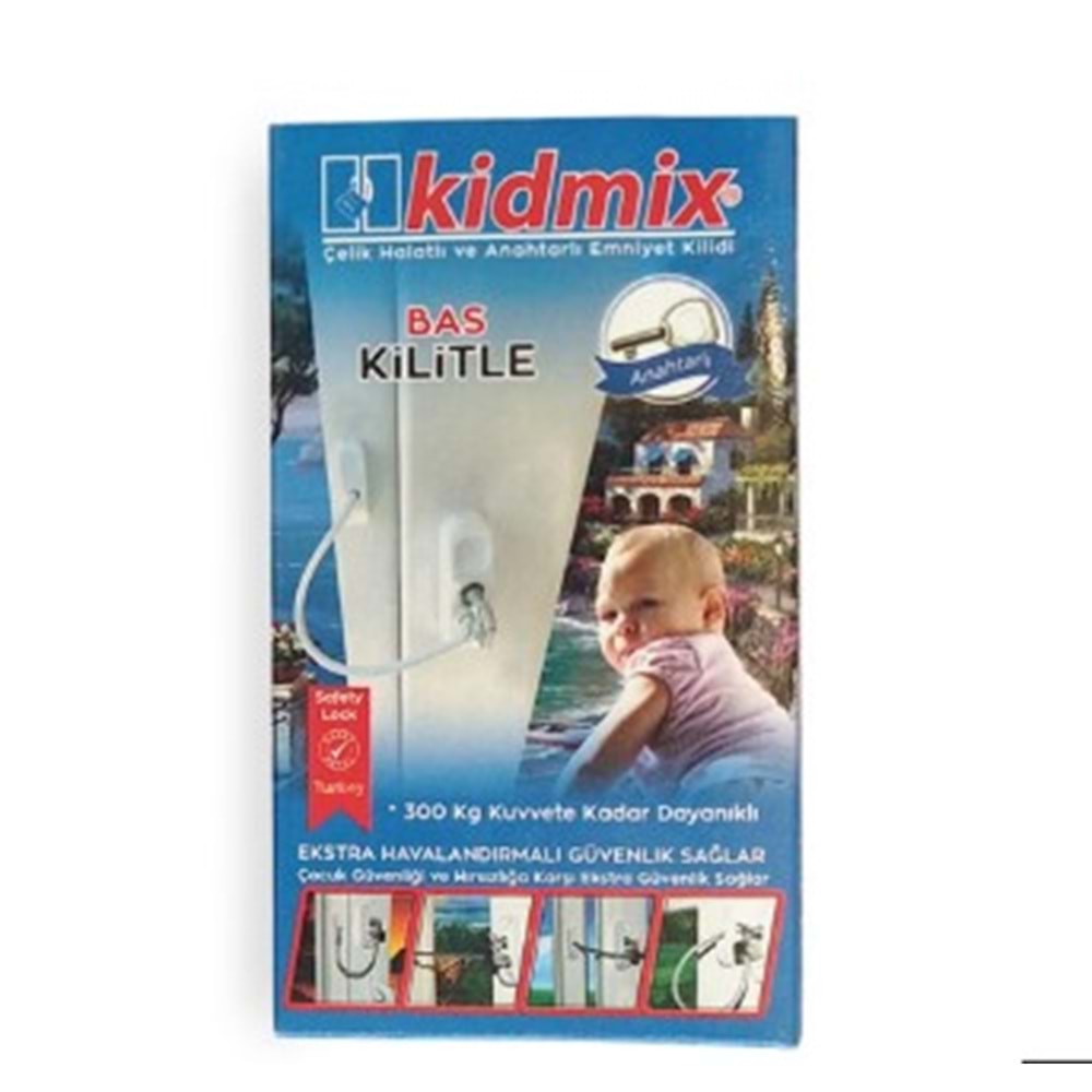 KİDMİX ÇELİK HALATLI VE ANAHTARLI EMNİYET KİLİDİ - BEYAZ