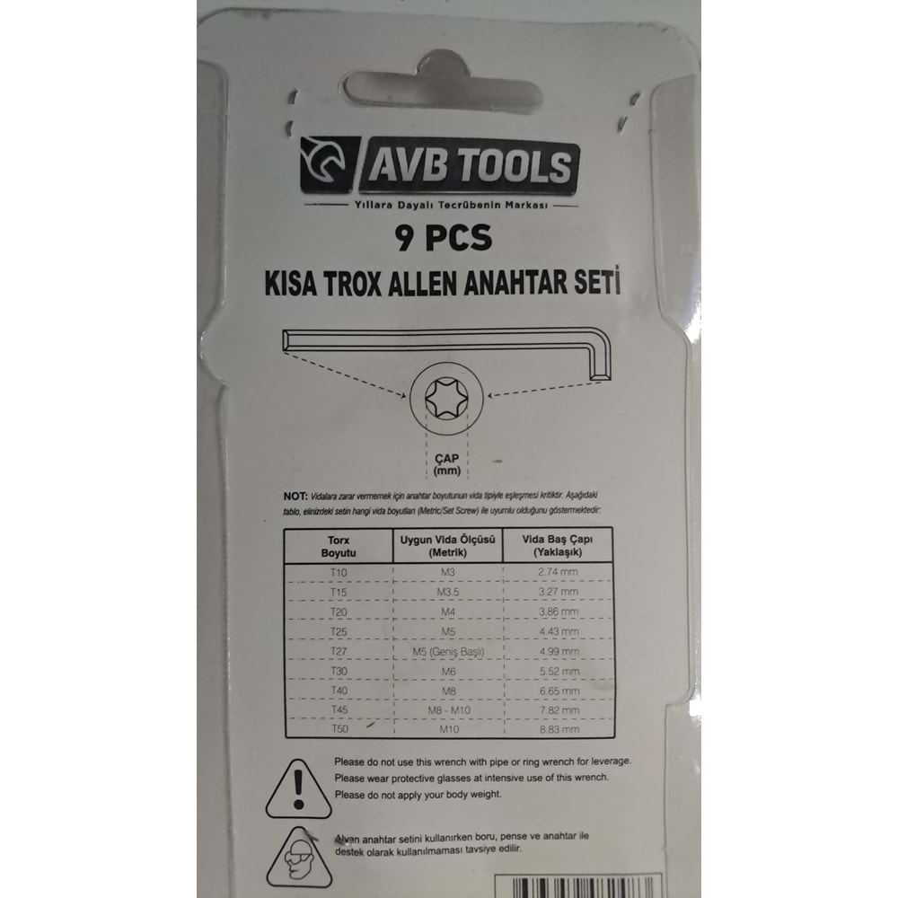 AVB TOOLS 9 LU YILDIZ TORK ALYAN SETİ - KISA TROX ALLEN ANAHTAR SETİ