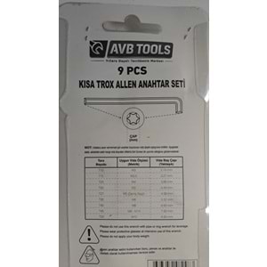 AVB TOOLS 9 LU YILDIZ TORK ALYAN SETİ - KISA TROX ALLEN ANAHTAR SETİ